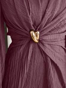 Veilorie New Design Asymmetrical Long Sleeve Waist Ruched Twist Metal Buckle Decor Elegant Lightweight Flowy Dress, Suitable For Parties - Purple - View 7