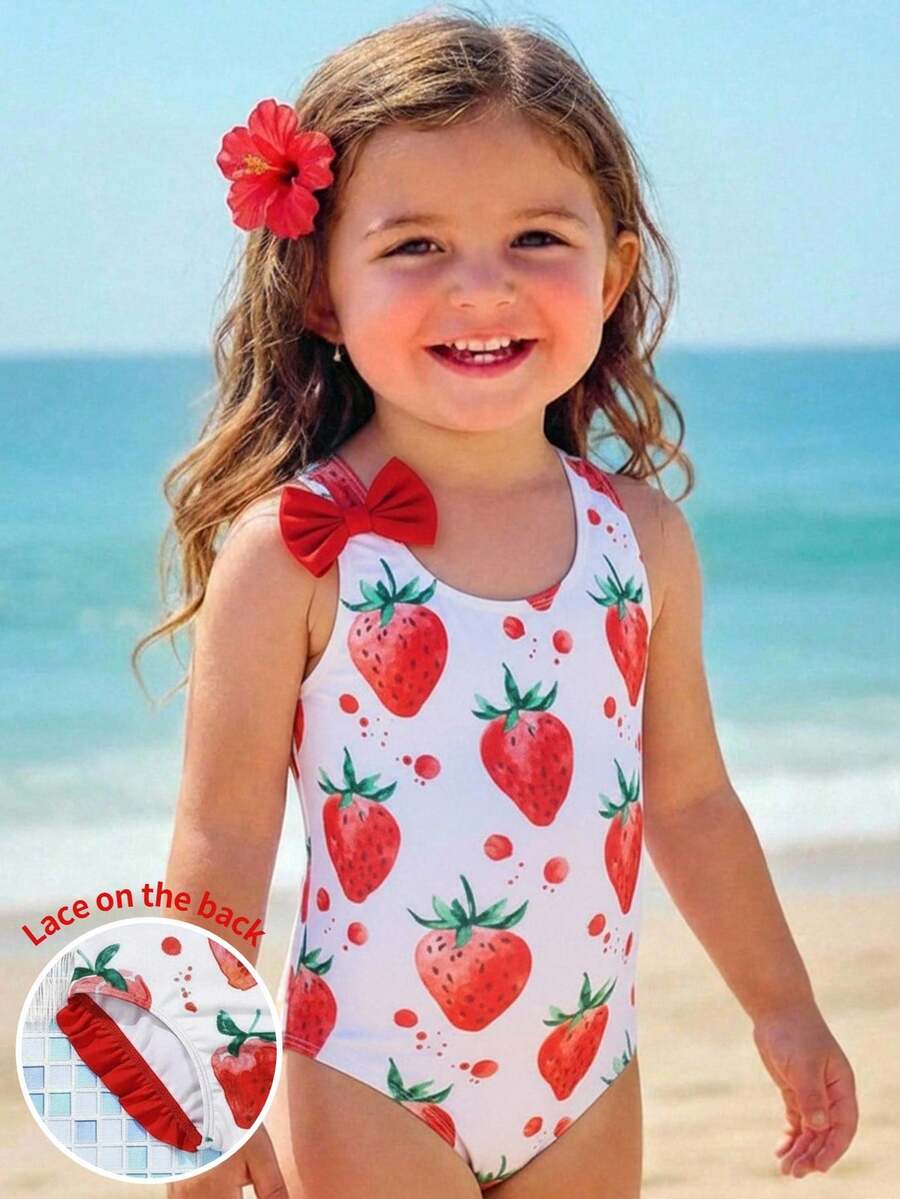 SHEIN 女婴休闲夏季可爱草莓印花连体泳衣 - 彩色 - 查看 1