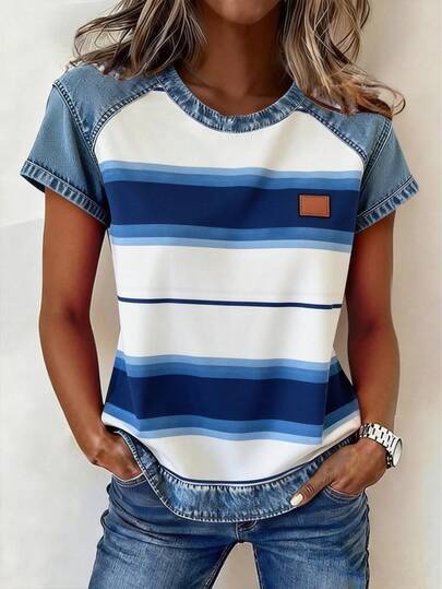 EMERY ROSE Women's Casual Striped Patchwork Round Neck Short Sleeve T-Shirt, Summer