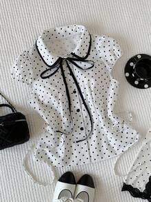 Comfortcana 2026 新款春夏时尚女装波点印花纽扣领衬衫，夏季女式上衣，情人节海滩外出上衣，优雅女士度假衬衫，女士休闲衬衫，Y2K 风格上衣，2000 年代波点上衣，白色上衣 - 黑與白 - 查看 4