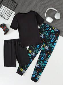 3 Stück/Set Jungen süßer Video-Spiel leuchtender Muster Eng anliegendes Kurzarm T-Shirt + Shorts + Lange Hose Pyjama Set - Schwarz - Übersicht 2