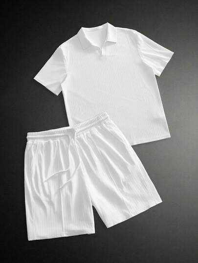 HIMLAND Men's Solid Color Half-Placket Short Sleeve Casual Polo Shirt Set, Summer