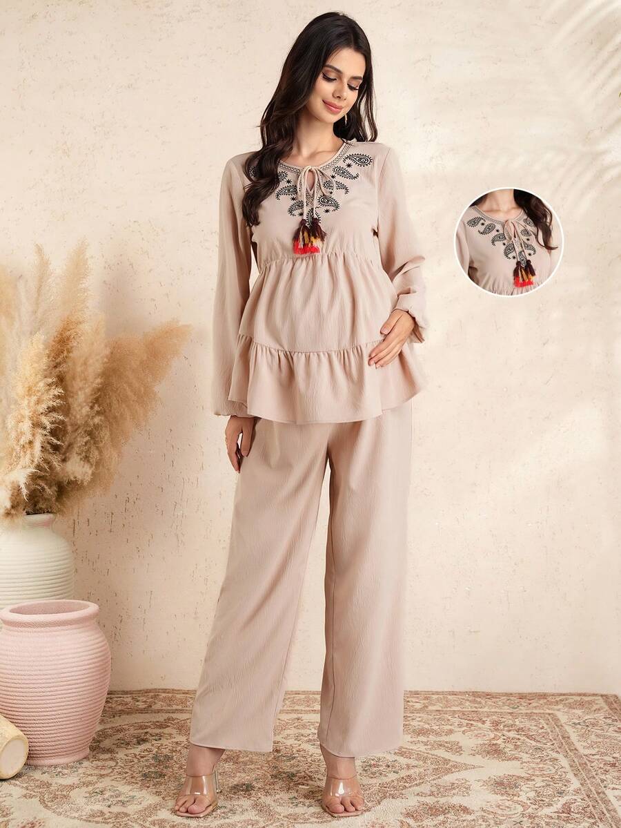 Momance Maternity Casual Embroidered V-Neck Top & Pants Set - Khaki - View 1