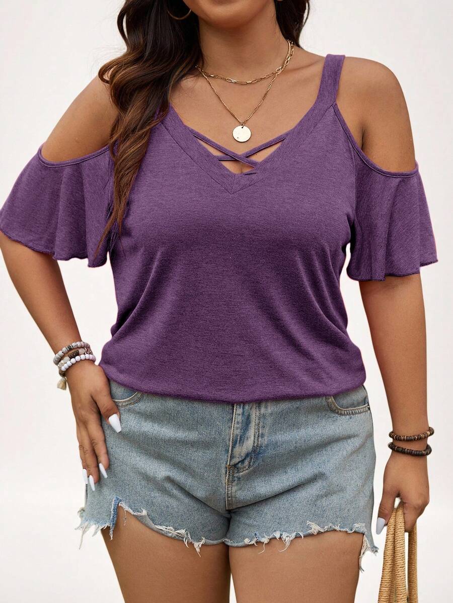 SHEIN LUNE Plus Size Casual Solid Color Off-Shoulder Loose T-Shirt, Summer - Purple - View 1