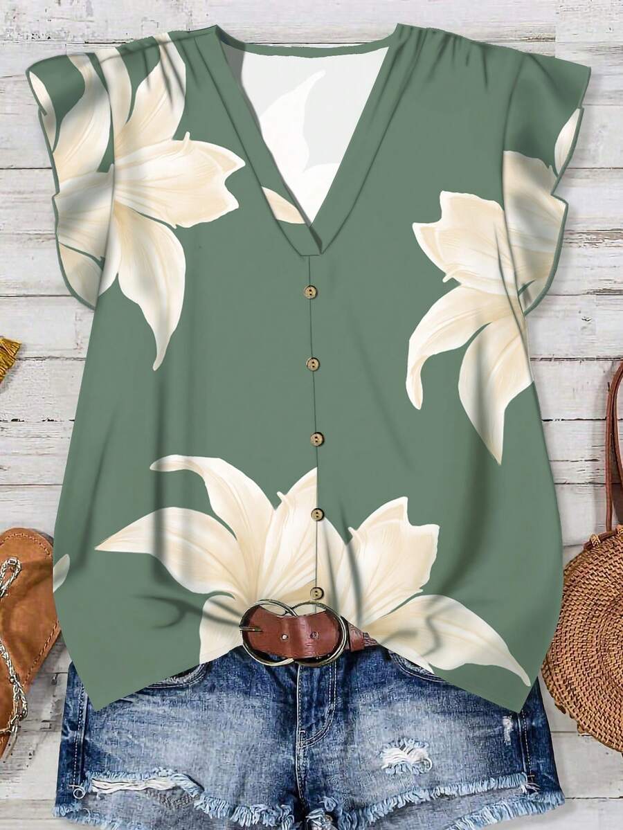 SHEIN LUNE Blusa casual con cuello en V y estampado floral, adecuada para el verano - Verde - Ver 1
