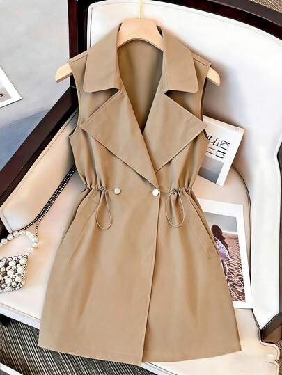 GlowEve Women's Elegant Turndown Collar Cinched Waist Sleeveless Trench Coat, Mid-Length Lightweight Spring/Summer Jacket