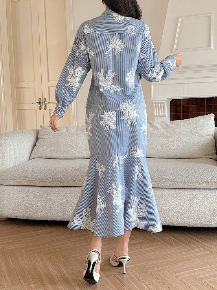 Women's Elegant Striped Floral Print Blouse And Fishtail Skirt 2-Piece Set, Spring/Summer,Wedding Guest Dress Women