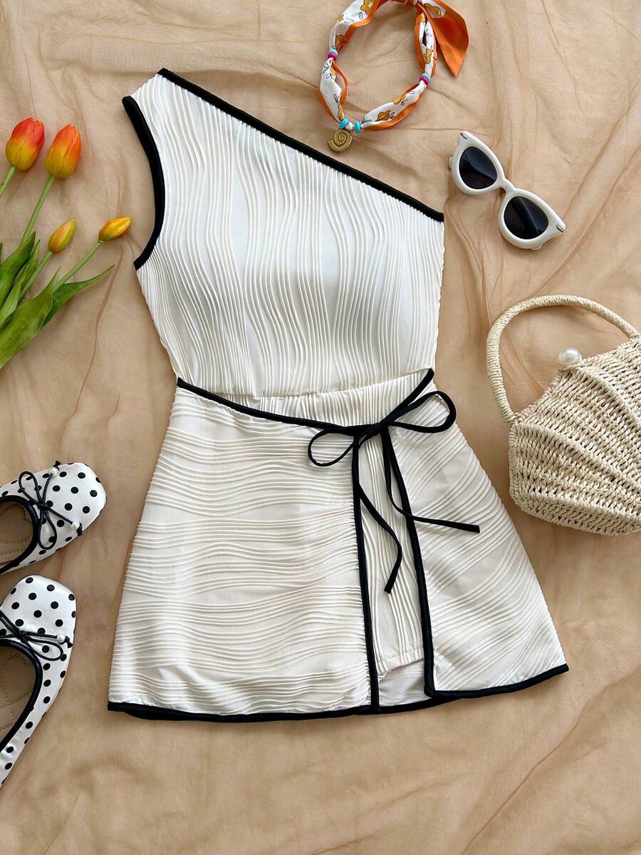 Soleia Women's Sleeveless Textured Jumpsuit Romper, Suitable For Vacation - Black and White - View 1