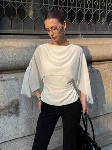 Siren Gaze Women Chiffon Cape Sleeve Draped Cowl Neck Backless Ruched Waist Top, Shawl Collar Blouse, Elegant Shirt, White Draped Off Shoulder Blouse With Sheer Overlay Short Sleeves, Draped Top, Batwing Sleeve Top , White Tulle Blouse, Wedding, Summer - Apricot - View 5