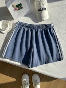 Comfortcana 复古水洗蓝色针织阔腿休闲短裤，百搭大码，春夏款 - 藍色 - 查看 5