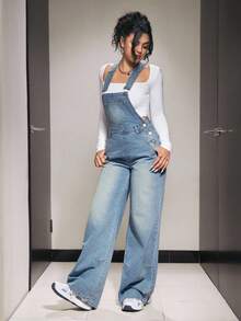 SHEIN PETITE Light Blue Casual Loose Fit Denim Bib Pants With Pockets - Light Wash - View 7