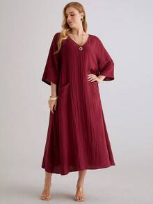 Parysyn Đầm dài tay dáng rộng, cổ chữ V, có túi, thoải mái, dành cho nữ cỡ lớn, thích hợp cho kỳ nghỉ. - Đỏ - Xem 4