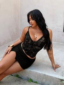 Rustia Black Lace Camisole Tank Top, V-Neck Design, Sexy & Fitted, New Style, Spring/Summer - Black - View 6