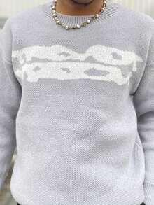 Ngobest Haus Ngobest Haus Men's Sweater, Warm For Autumn And Winter, European And American Style, Unisex, Loose Fit, Business Casual, High Street, Niche Design, Long Sleeve, Drop Shoulder, Minimalist Crew Neck Knit Top - Grey - View 3