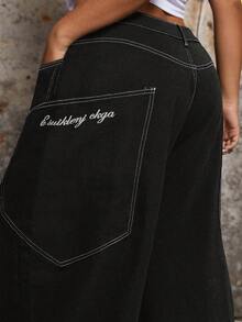 SHEIN ICON Quần jeans ống rộng dáng suông thời trang thường ngày cho nữ cỡ lớn, thêu chữ, đường chỉ tương phản, thích hợp cho việc đi làm hàng ngày. - màu đen - Xem 3