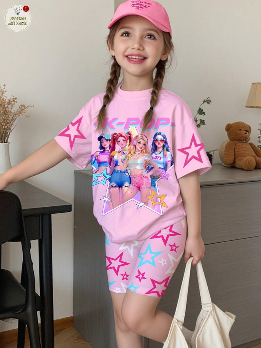 SHEIN Bộ 2 món dành cho bé gái, phong cách thường ngày, nhiều màu sắc, in chữ và ngôi sao của nhóm nhạc nữ K-POP, gồm áo thun ngắn tay cổ tròn và quần short, thích hợp cho kỳ nghỉ, tiệc tùng, mặc hàng ngày, đi xem hòa nhạc, mùa hè. - Nhiều màu - Xem 1