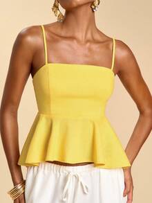 Travachic Women's Elegant Yellow Summer Peplum Hem Cami Top,Minimalist Solid Linen Cami For Tea Party,Vacation Beach Outfits,Boho Holiday,Music Festival Date - Light Yellow - View 3