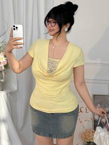 SHEIN EZwear Plus Size Women Summer Casual Drape Neck Contrast Lace Ruffle Waist T-Shirt - Pale Yellow - View 4