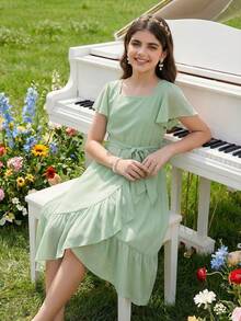 Tween Girl Solid Color Square Neck Ruffle Trim Patchwork Short Sleeve Fashion Dress - Green - View 6