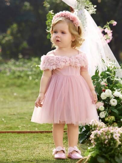 SHEIN Baby Girls Elegant & Cute Floral Print Mesh Off Shoulder Dress, Babygirl