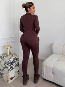 Maria Perezxox Women's Streetwear Solid Color Long Sleeve Half Zip Jumpsuit, Autumn - Brown - View 2