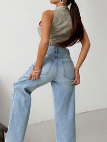 EURMUSE High Waist Distressed Baby Blue Washed Denim Jean - Light Wash - View 2
