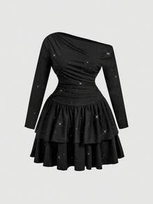 SHEIN MOD Plus Size Glitter Asymmetrical One Shoulder Cake Mini Dress,Long Sleeve Bodycon Black Autumn Girlism Night Out Club Starry Print Fitted Layered Dress - Black - View 10