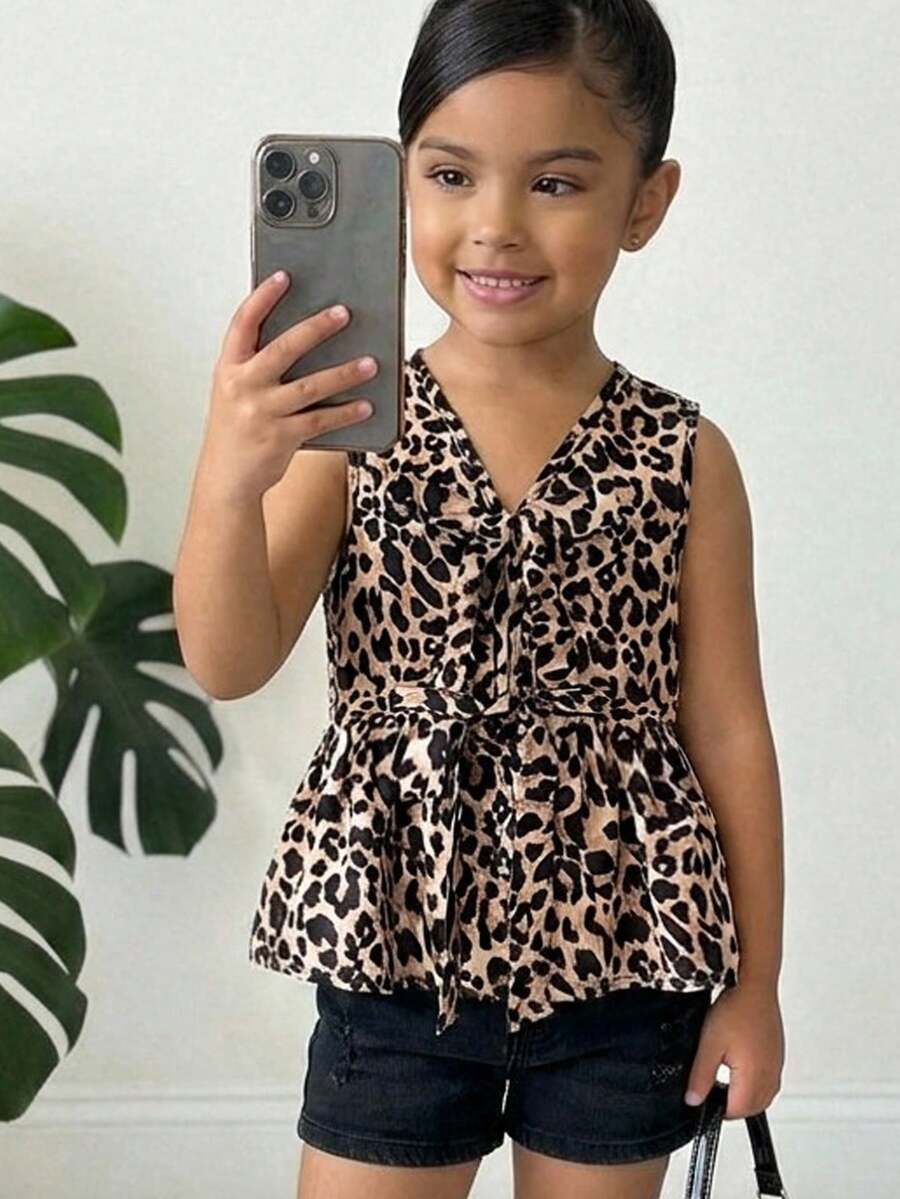 Young Girls Leopard Print Camisole Top With Ruffle Hem, Versatile Casual Everyday Fashionable Outfit For Outings And Photo Shoots - Coffee Brown - View 1