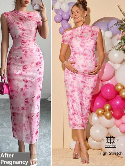 Loomaby Pregnant Women's Elegant Floral Print Asymmetrical Neck Fitted Dress, Suitable For Party And Vacation, Summer,Gender Reveal Dress,Maternity Dress, Baby Shower Dress