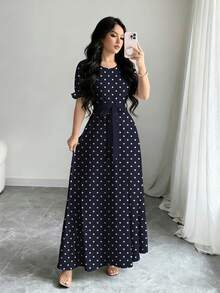 Modelyn 藏蓝色波点印花连衣裙，女士时尚圆领短泡泡袖设计，配腰带长裙，优雅夏季连衣裙 - 彩色 - 查看 4