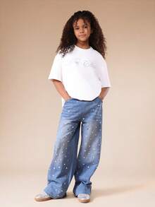 SUMWON Tween Girls Boxy Oversized T-Shirt With Rhinestone Mon Cherry Script Print Short Sleeve Round Neck Casual Top - White - View 3