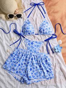 Swim Mod Bộ bikini buộc dây mùa hè mới dành cho nữ, kiểu dáng thoải mái, thích hợp đi biển, gồm quần và áo khoác ngoài, đồ bơi 3 mảnh, họa tiết sao biển và sọc dễ thương, in hình sinh vật biển, trang trí nơ, bộ tankini hở lưng gợi cảm. - Xanh và trắng - Xem 4