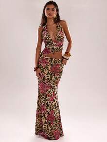 SHEIN BAE Conjunto ajustado con estampado de leopardo y espalda descubierta - Café integral - Ver 4