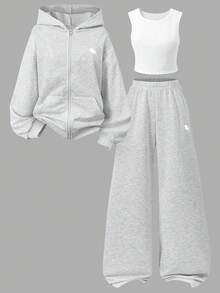 SHEIN Bộ 3 món dành cho nữ tuổi teen, gồm áo khoác nỉ có mũ kéo khóa in hình ngựa, áo tank top trắng và quần ống đứng cạp chun, thích hợp cho mùa thu. - Xám - Xem 4
