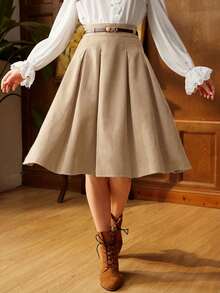 Vintamour 复古优雅女士褶裥A字半身裙，配腰带，棕色，适合工作或休闲场合，返校季服装，秋季服装，秋季穿搭，教师服装，冬季女士复古服装，卡其色半身裙，返校节半身裙，短款酒红色 - 卡其色 - 查看 4