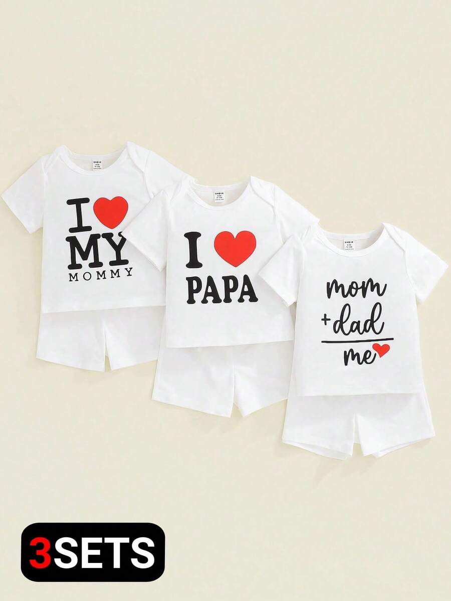 Bộ 6 món cho bé trai và bé gái, kiểu dáng thường ngày, in chữ "I Love Daddy Mommy" gồm áo thun ngắn tay và quần short trắng, trang phục cơ bản dễ phối, phù hợp cho mùa xuân/hè, các ngày lễ và ngày Valentine. - trắng - Xem 1