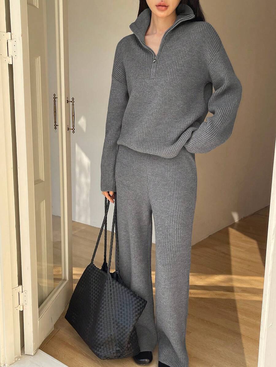 DAZY Women's Casual Solid Color Half-Zip Sweater And Wide Leg Pants 2 Pieces Set, Autumn/Winter - Light Grey - View 1