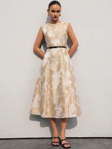 Aveloria Modichic New Elegant Dignified Elegant Women's Date High-End Luxury Minimalist Exquisite Jacquard Fabric Round Neck Sleeveless Waist Slimming Flared Dress - Apricot - View 5