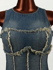 Mistrie Women's Casual Fashion Street Chic Daily Commute Frayed Washed Sleeveless Denim Dress, Summer - Blue - View 4