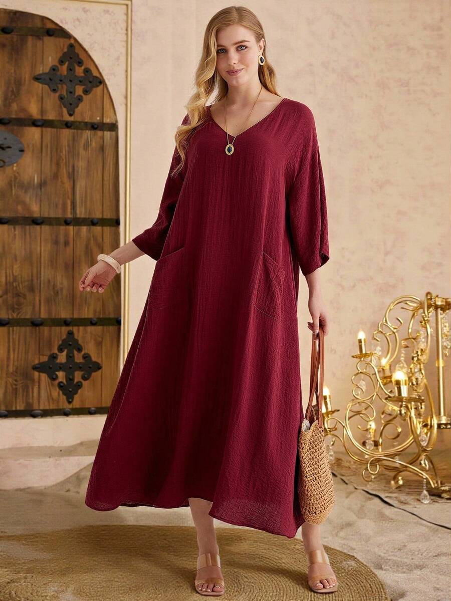 Parysyn Đầm dài tay dáng rộng, cổ chữ V, có túi, thoải mái, dành cho nữ cỡ lớn, thích hợp cho kỳ nghỉ.