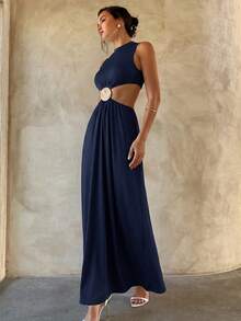 Aloruh 极简通勤风婚礼季性感超长连衣裙 - 藏蓝色 - 查看 1