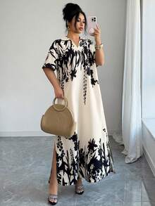 Selianne 女士印花翻领短袖修身连衣裙，浪漫优雅，适合约会、度假等场合，时尚系列，杏色 - 杏色 - 查看 1