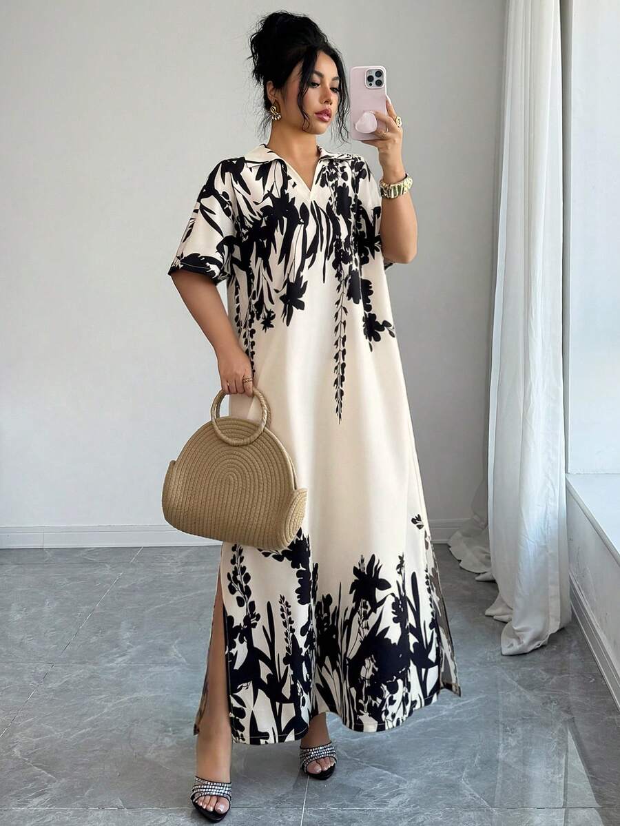 Selianne 女士印花翻领短袖修身连衣裙，浪漫优雅，适合约会、度假等场合，时尚系列，杏色 - 杏色 - 查看 1