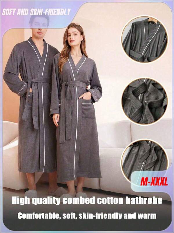 SHEIN 1 pieza Nuevo albornoz de material de toalla unisex, de manga larga, albornoz de baño absorbente, de secado rápido, de tela transpirable, suave y delicada, apto para la piel, uso durante las cuatro estaciones, adecuado para llevar en casa, con suministros de vacaciones, albornoz de verano, boda en casa, decoración de baño