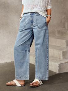 EMERY ROSE 女士休闲宽松牛仔裤，带口袋 - 藍色 - 查看 1