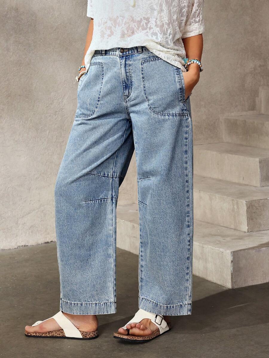 EMERY ROSE 女士休闲宽松牛仔裤，带口袋 - 藍色 - 查看 1