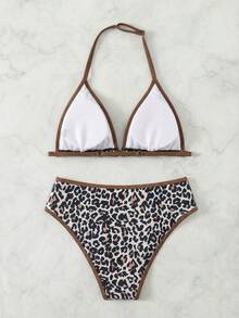 SHEIN Teen Girl Leopard Print Contrast Trim Spaghetti Strap Crop Top And Leopard Print Bikini Bottom Swimwear Set, Summer Holiday - Brown - View 2