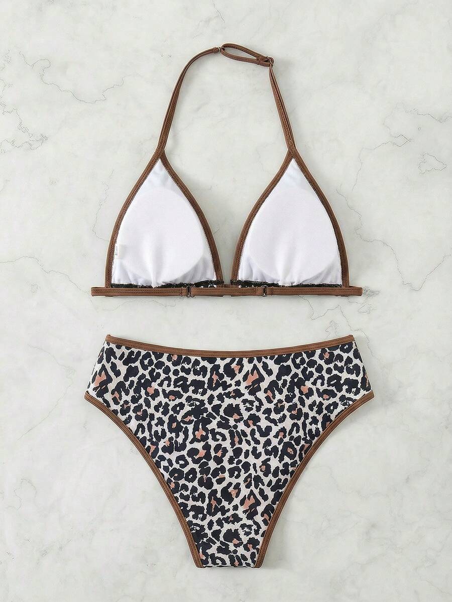 Bộ đồ bơi dành cho thiếu nữ, gồm áo croptop hai dây phối họa tiết da báo và quần bikini họa tiết da báo, thích hợp cho kỳ nghỉ hè. - màu nâu - Xem 1