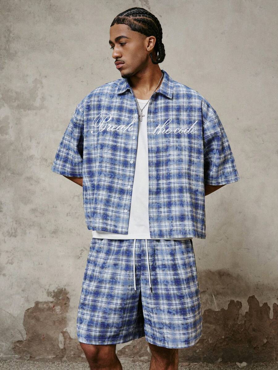 PAVTROS 男士休闲格子衬衫套装，男士短袖开衫衬衫，蓝色格子纱线染色面料，印花拉链设计，情人节，春夏，送给男友的礼物，狂欢节，复古，街头风，派对，圣帕特里克节，外出 - 藍色 - 查看 1