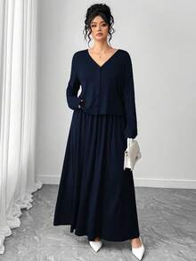 Elenzga 大码女式优雅长袖纯色外套+A字收腰吊带裙两件套，针织弹力两件套，适合日常外出、通勤、派对、晚宴等场合。 - 藏蓝色 - 查看 4